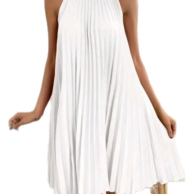 Contrast Sequined Pleated Halter Dress, Elegant Sleeveless Mock Neck Keyhole Back Dress, Women's Clothing Comfortable Halter Neck Elegance 3