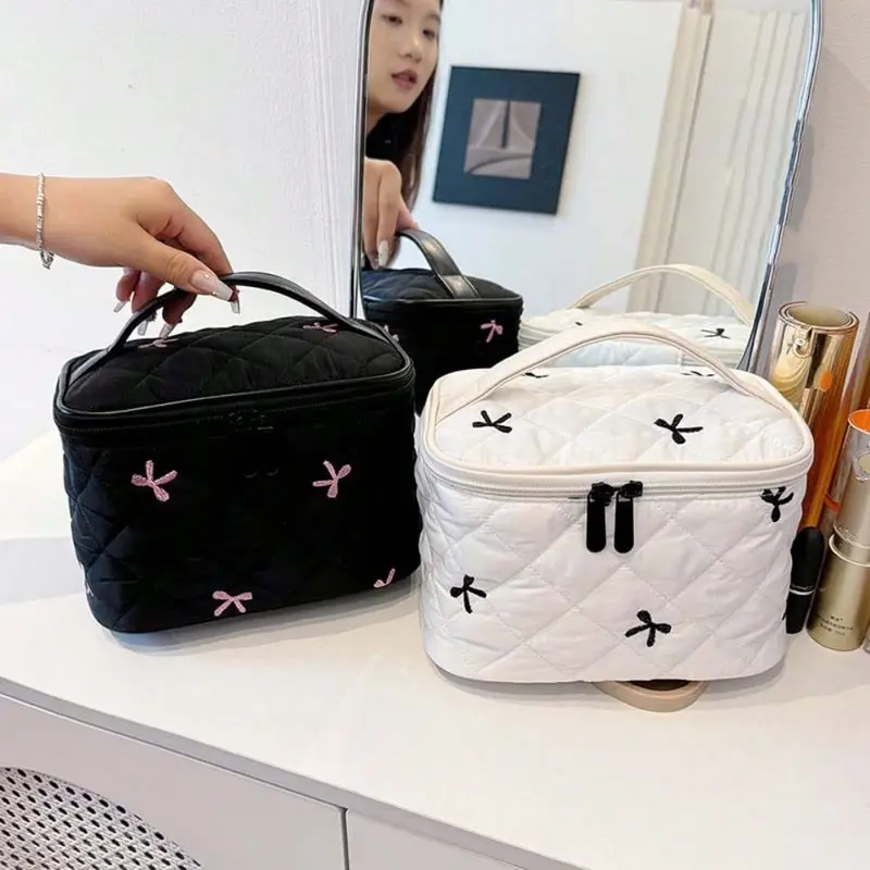 Cloth Bow Cosmetic Handbag 3D Clutch Purse Embroidered Makeup Bag Multi-Functional Toiletry Organizer Skincare Storage Pocket 6