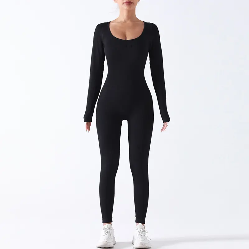 2024 Women's Basic Solid Long Sleeve Sports Jumpsuit, High Waist Square Neck Bodycon Jumpsuit For Yoga Gym Workout, Ladies Sportswear Clothing For All Seasons 0