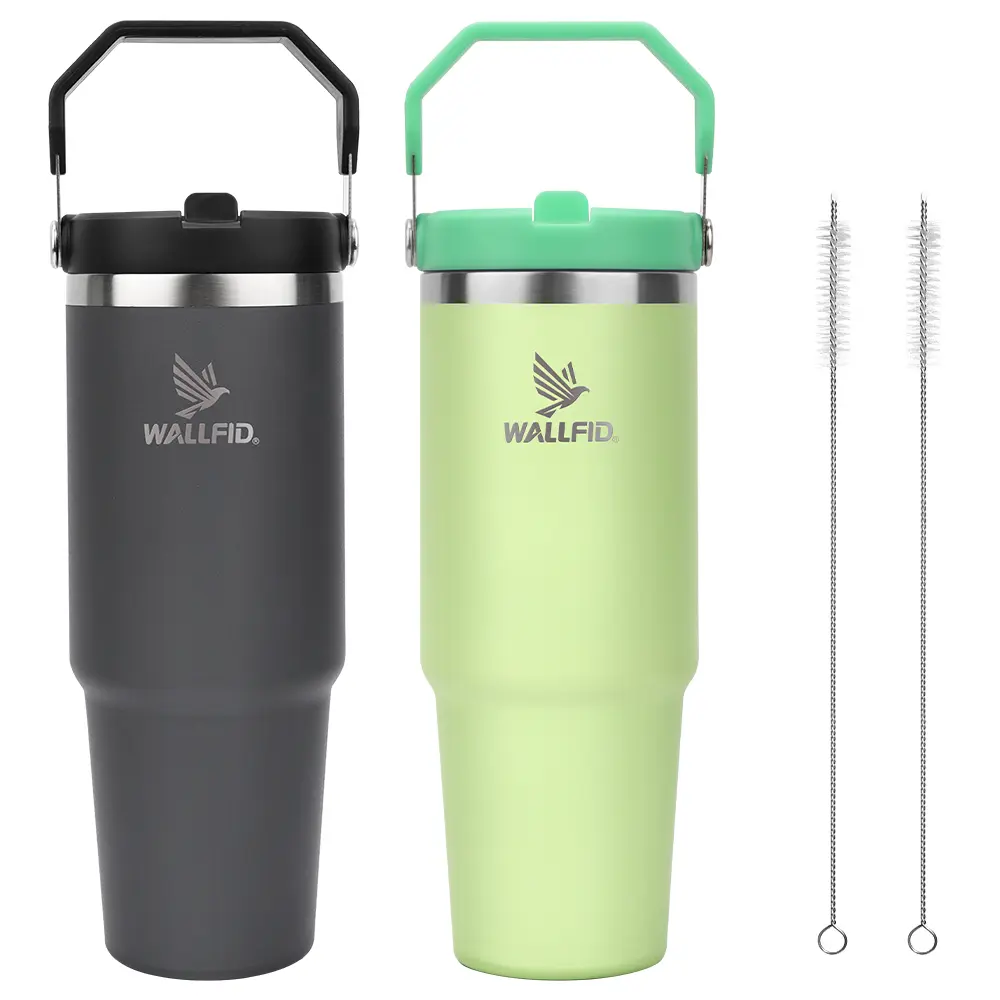 WALLFID 2pcs 30oz Tumbler Dishwasher Safe, Flip Straw Water Bottle with Straw, Stainless Steel Water Cup Travel Mug BPA-Free