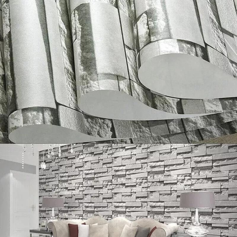 3D Effect Grey Brick Wallpaper Wall Shimmer Tones Effect Faux Metallic Feature 3