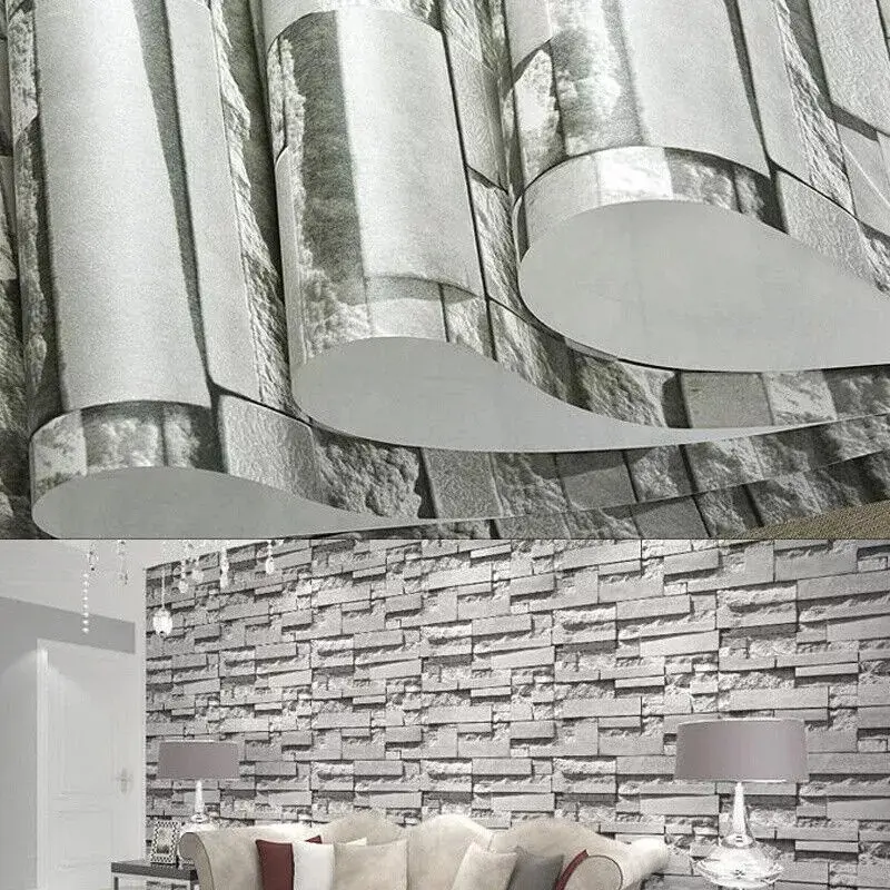 3D Effect Grey Brick Wallpaper Wall Shimmer Tones Effect Faux Metallic Feature 3