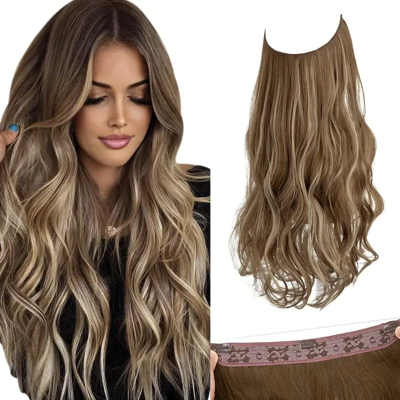 Craigs bits and bobs SARLA Invisible Wire Hair Extensions with 3 Clips Long Synthetic Wavy Curly Hairpiece Adjustable Transparent Headband for Women 18 Inch Ash Medium Brown/Ash Blonde Highlights 0