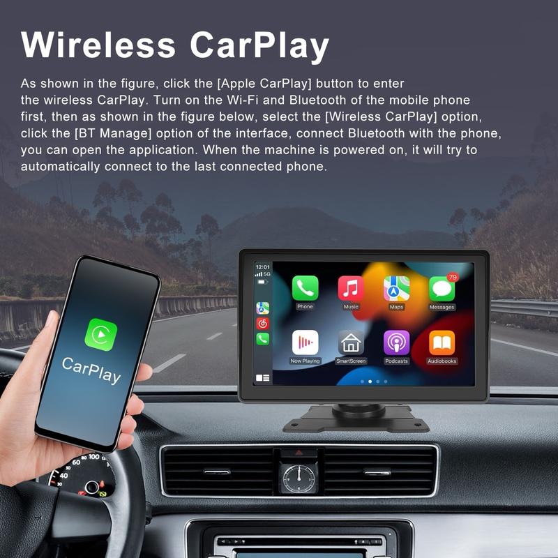 7 INCH PORTABLE WIRELESS APPLE CARPLAY ~ ANDROID AUTO BT FM 10 1