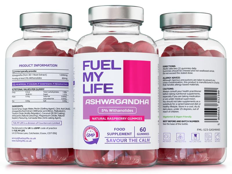 Fuel My Life | Ashwagandha Gummies - 60 Gummies – High-Strength 1200mg | Serving with 5% Withanolides | Daily Adaptogen Supplement, Natural Raspberry Flavour, Vegan-Friendly Stress Relief & Mood Support Chewables | 6
