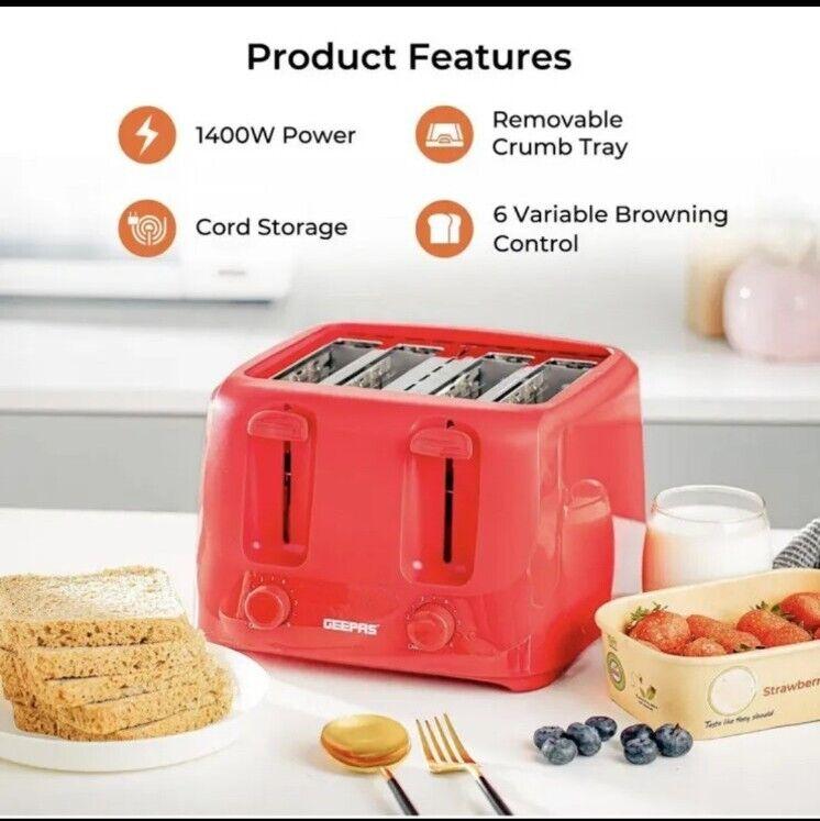 GEEPAS 4 Slice Toaster Family Size Bread Toaster 6 Variable Browning Control Red 1