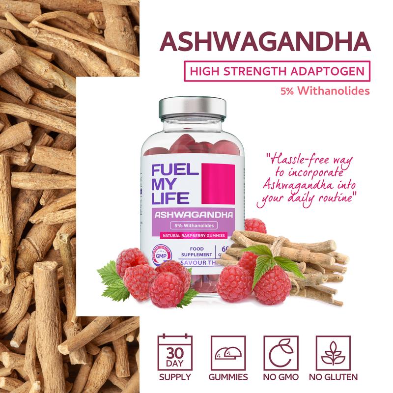 Fuel My Life | Ashwagandha Gummies - 60 Gummies – High-Strength 1200mg | Serving with 5% Withanolides | Daily Adaptogen Supplement, Natural Raspberry Flavour, Vegan-Friendly Stress Relief & Mood Support Chewables | 3