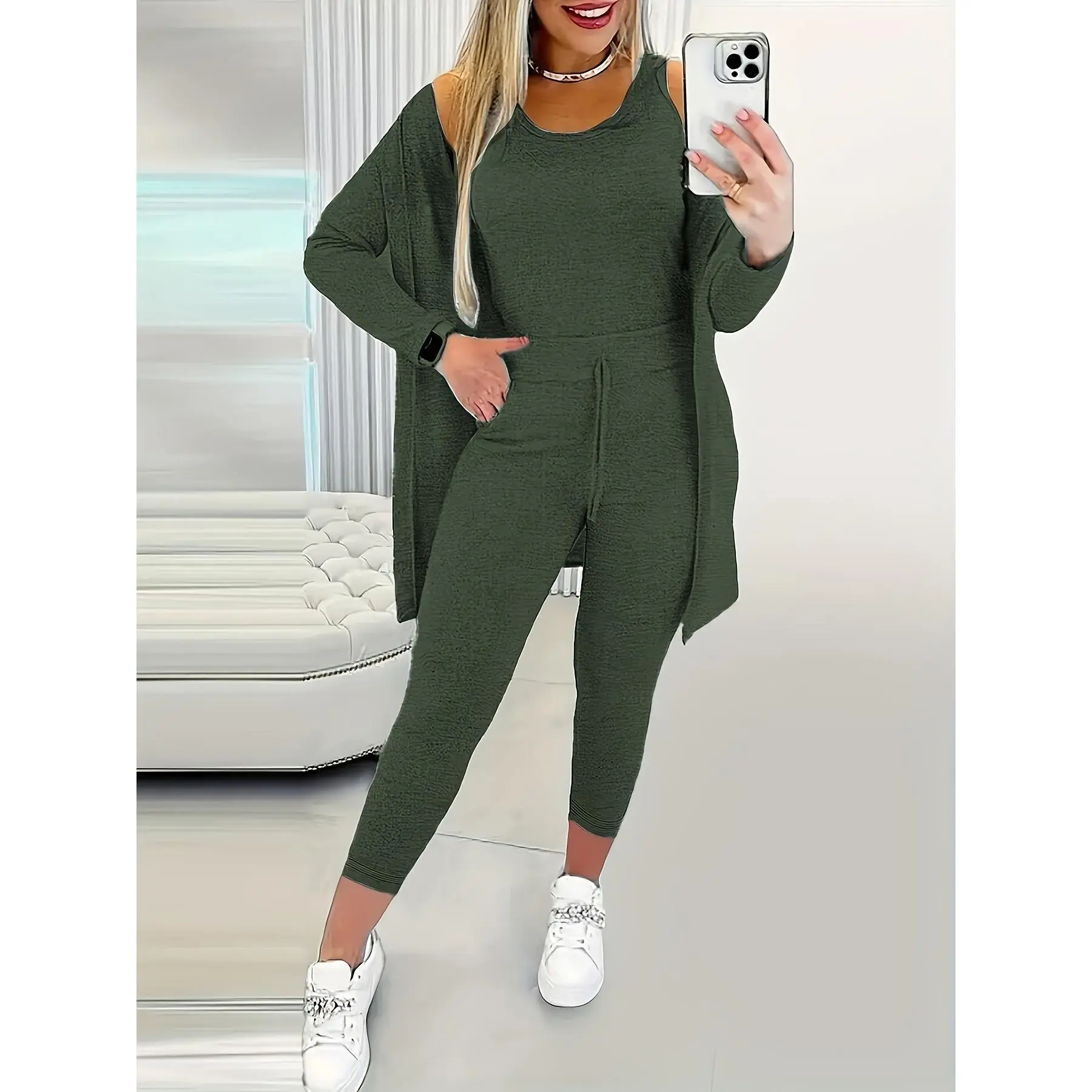 Women'S 3pcs Set, Chic Solid Color Casual Fashion, Polyester 95% Elastane 5% Knit Fabric, All-Season Vest Top and Long Pants with Drawstring, 160g/m² - No Belt