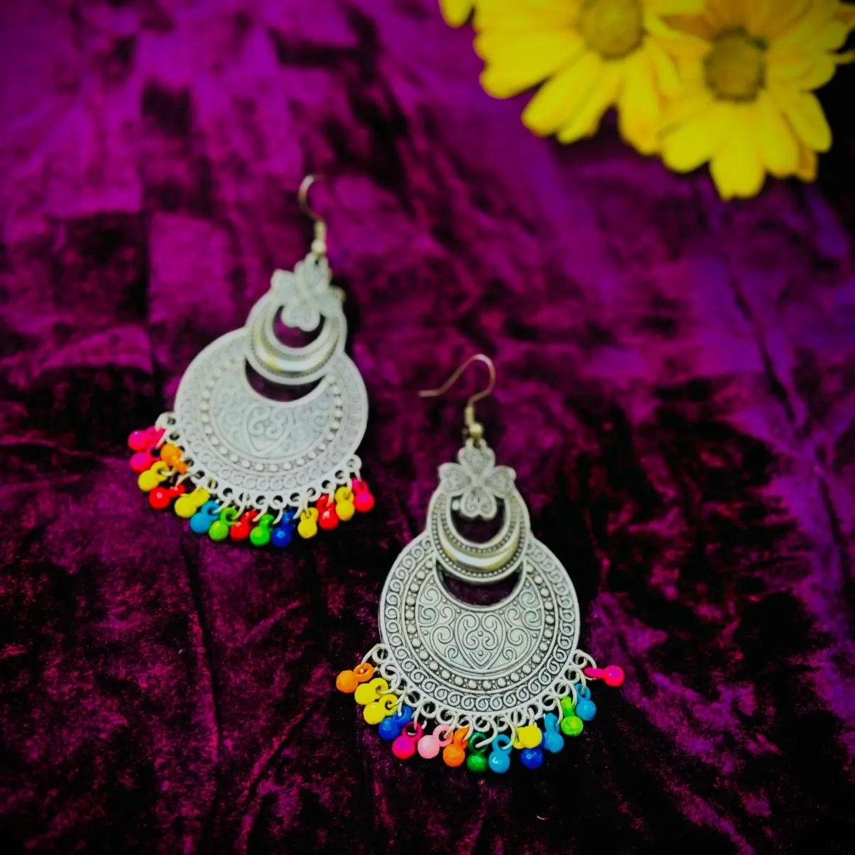 Silver Oxidised Earrings with Multi Coloured Beads for Women
