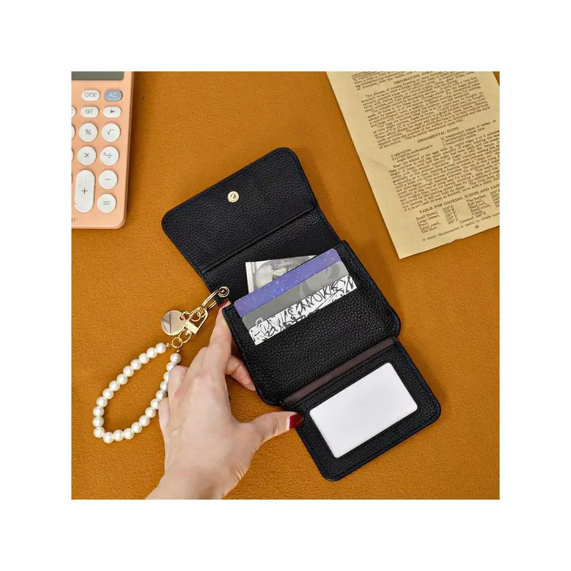 Korean Style Ins Short Simple Ultra-Thin Women Card Wallet Large Litchi Pattern Card Holder Mini Coin Purse Wallet Keychain Wristlet Wallet 5