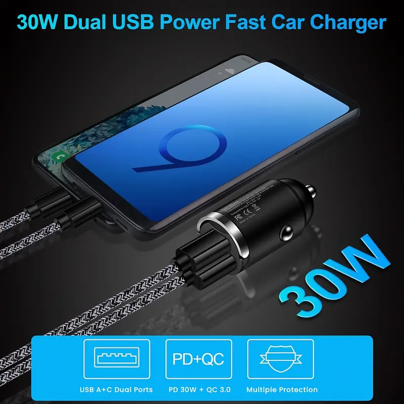 USB A + C dual port fast charging mini pull ring car charger, pd30w + qc3.0 type C car charger adapter, supports 5V 2.4A charging wide compatibility 6