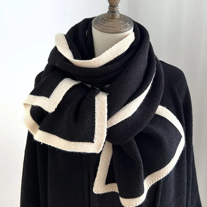 Cozy knit scarf in black & white-soft polyester, stretchy, warm neck warmer for winter-casual chic style, hand-washable, fashion accessory for men & women 1