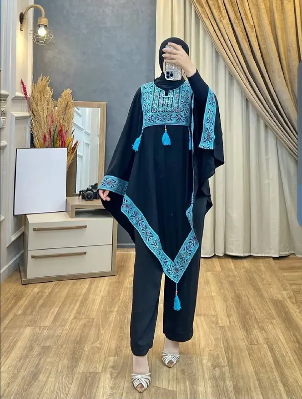 Todays Look: (TOP ONLY)Black and blue Crepe shawl with Embroidery for Women Palestinian Culture Style 0