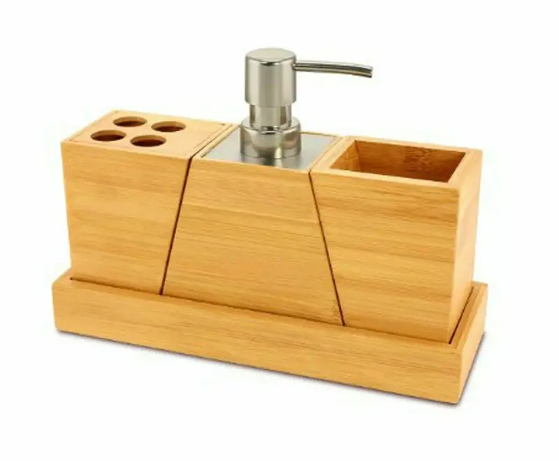 Bamboo Bathroom Accessories Set - Tumbler, Soap Dispenser, Brush Holder, and More 3
