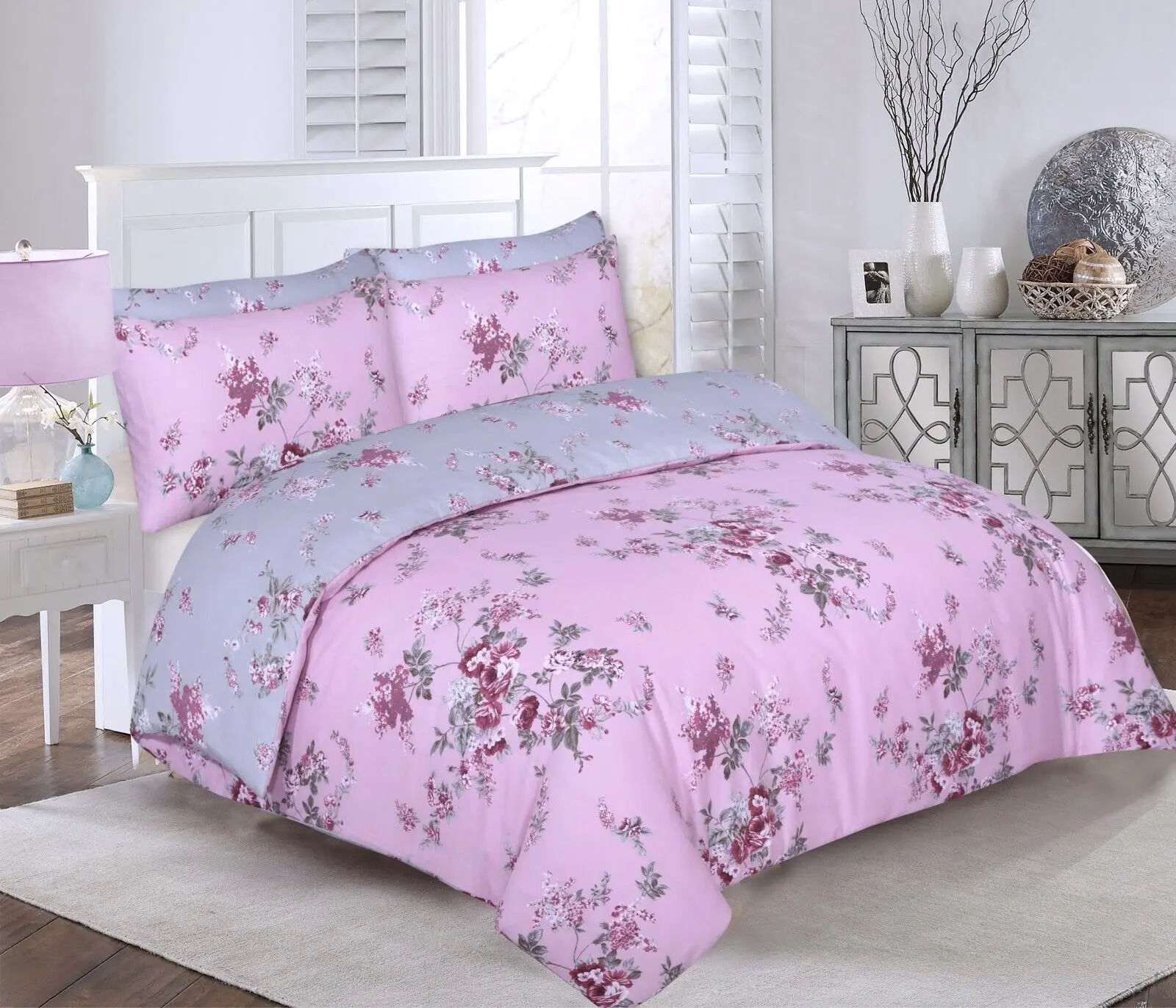 PINK GREY VICTORIA FLORAL REVERSIBLE DUVET COVER SET IN DOUBLE OR KING SIZE