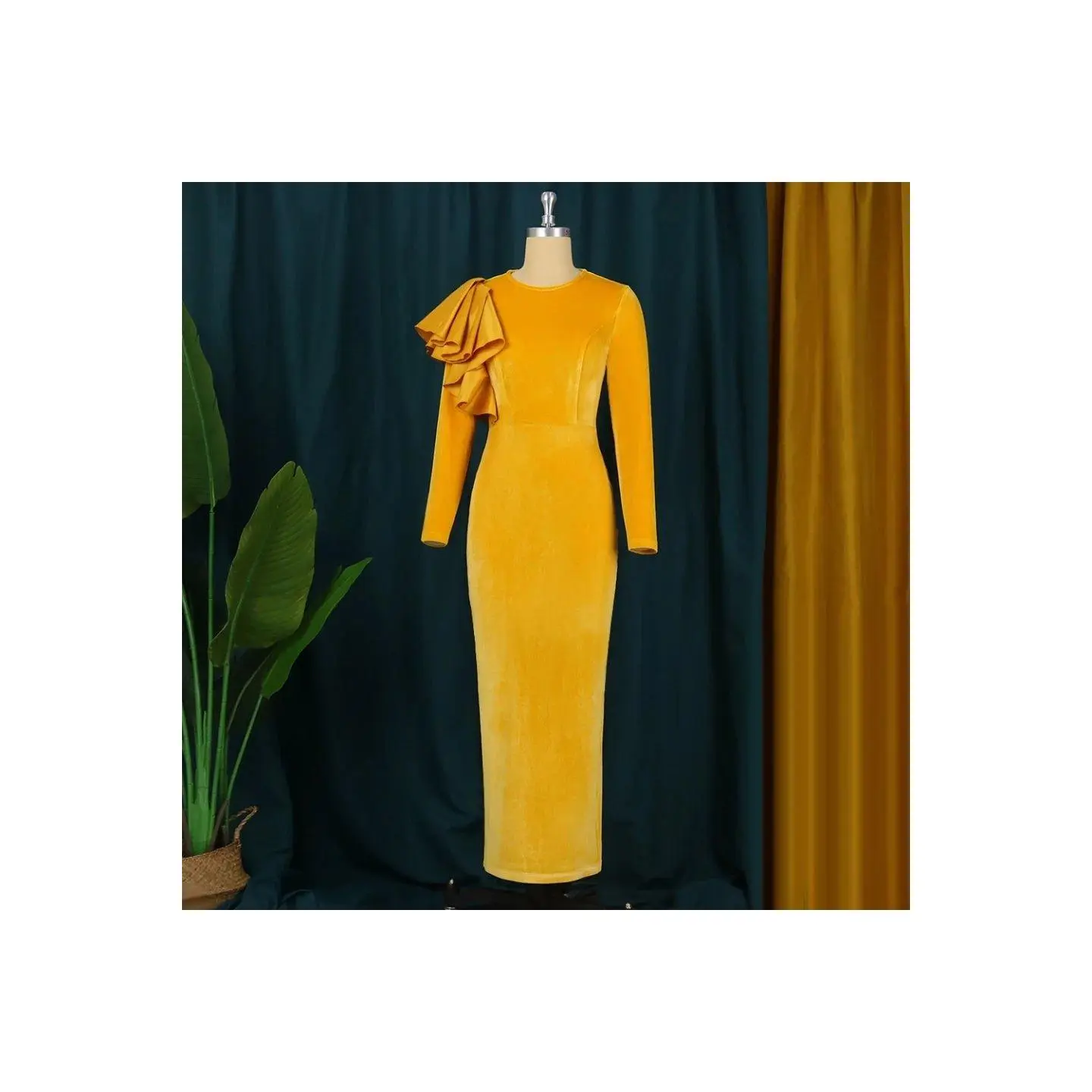 Velvet Yellow Bodycon Dress