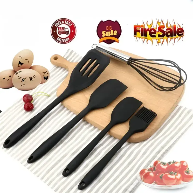Silicone Kitchen Utensil Set,5pcs Non-stick Cookware Set with Storage Bucket,Kitchen Cooking Spatula & Spoons Set,Kitchen Accessories,Summer for Gift Pasta Plastic Bpa Handles Pan Tear Wood Wooden le creuset pink Colorful 13 pcs Black 2