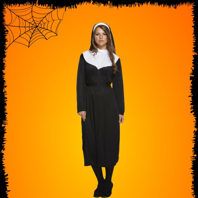 Adult Nun Costume + Monk Cross | Black Robe + Head piece(Veil) + Belt Halloween Fancy dress Accessory Religious Male Female Novelty Cosplay Props Hen Stag Party Outfit 4