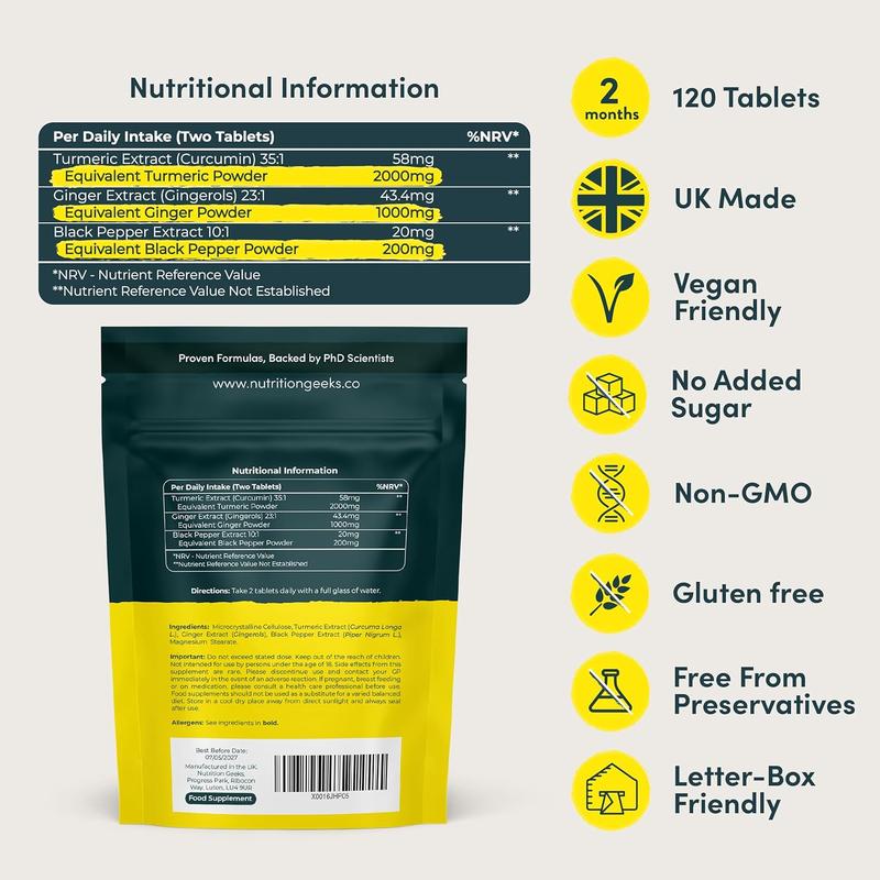 Nutrition Geeks Turmeric Tablets 2000 mg with Black Pepper & Ginger, High Strength Curcumin Supplements, Vegan and Gluten Free, UK Made, 120 Count magnesium  glycinate  3  1 guanfacine  natural  supplement Healthcare Fitness Edible Dietary Powder 2