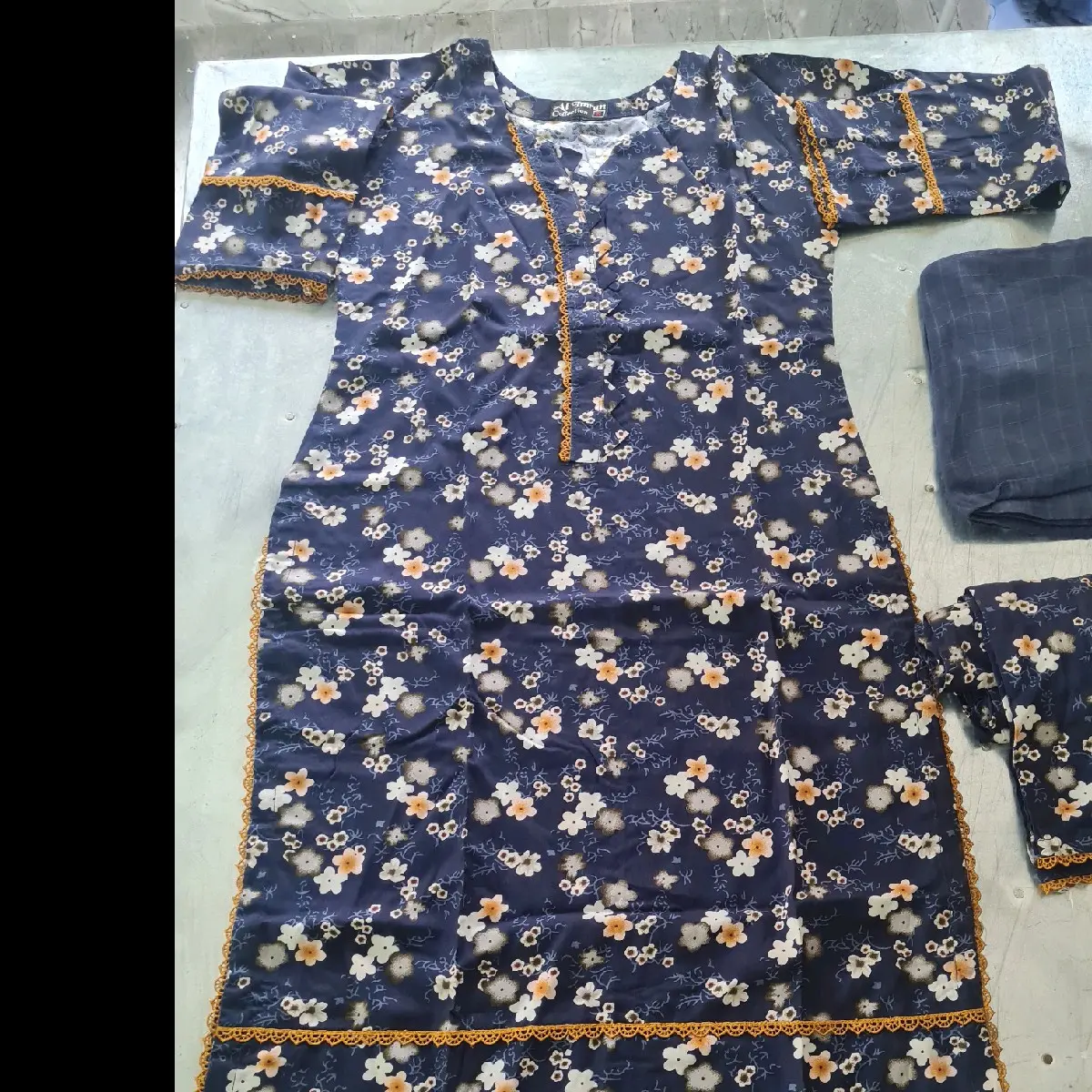 printed linen stitched suit 3 pc blue with mustard lace
