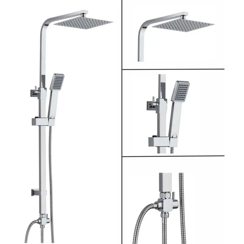 Large Waterfall Chrome Square Dual Shower Head Riser Rail Luxury Bathroom Set 1