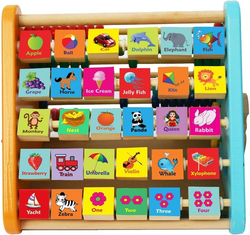TOWO Wooden Activity Centre Triangle toys - Wooden Alphabet Blocks Abacus clock - Activity Cube for Toddlers 5 in 1-Wooden Activity Toys for Babies Montessori Learning-Wooden Toys for 1 year old 1
