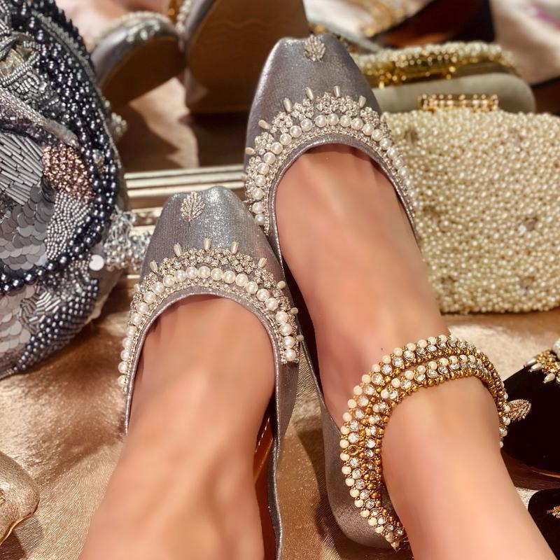 Handmade Ladies Pakistani Indian Khusa Sandal | Diamonte and Pearl Punjabi Jutti | Wedding shoes | Gift For Her | Gold Silver Black Pink Maroon Women Comfort Footwear 4