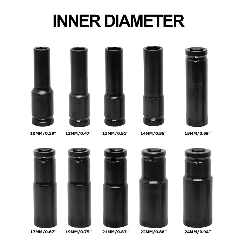 10 x Deep Impact Socket Set Heavy Duty 1/2" Drive 10-24mm Metric Tool Set UK 6