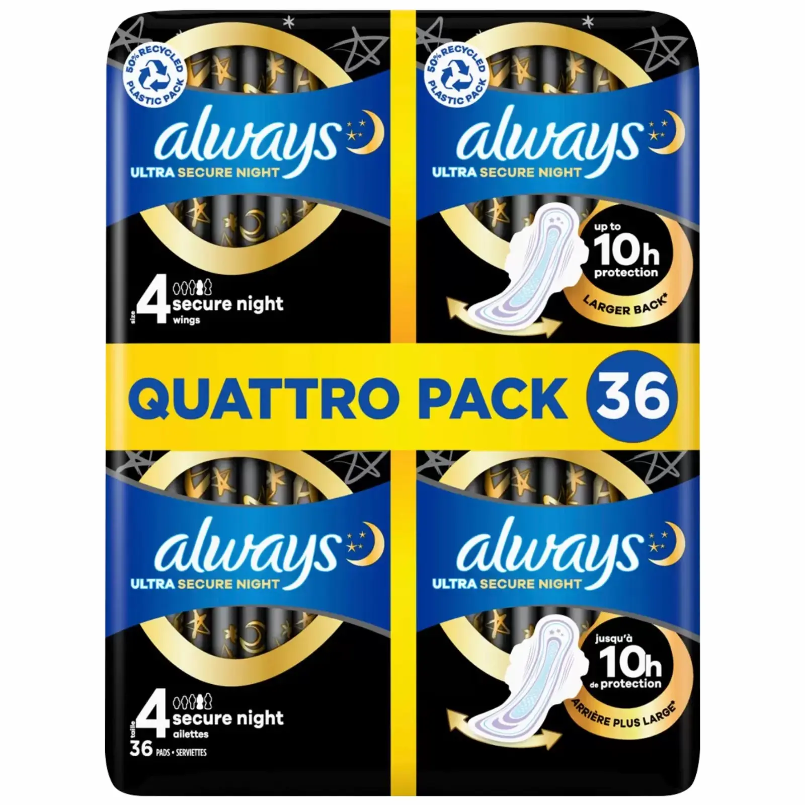 Always Ultra Night Quattro Pack with 10-Hour Protection-Soft & Breathable-Super Absorbent with Odourlock & Leak Guard Technology-36 Pads