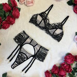 Liliosa Lingerie Euphoria Classy Black Sexy High Quality Customized Mesh Sheer Lace 3 Piece Set(Clasp Bra - Clasp Garter + Adjustable Pants  adjustable) Comfortable Underwear Outfits Womenswear, Adjustable Spaghetti Straps, Everyday Elegance Outfits