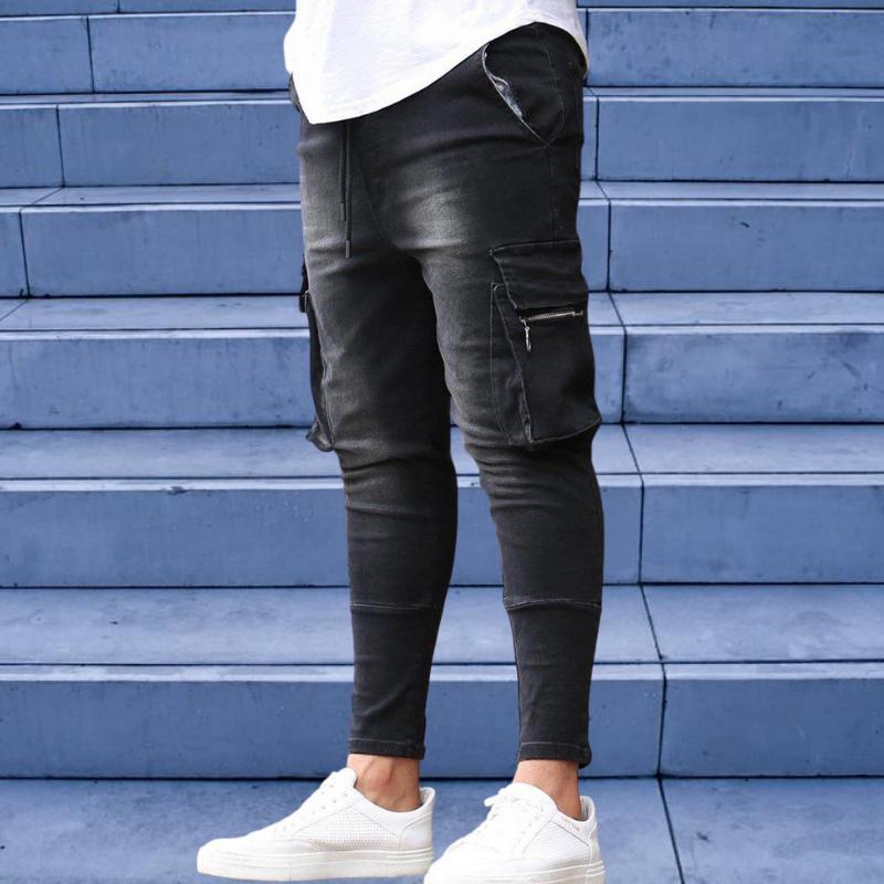 Spring Autumn Winter Men's Stretch Jeans Black Large Side Pocket Worker Jeans Fashion Zipper Skinny Jeans Stretch Jogging Pants Menswear Streetwear Trouser Denim 9