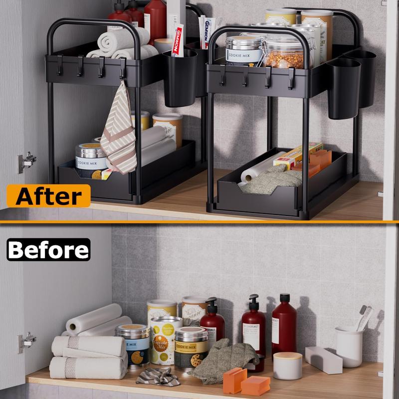 Under Sink Storage Kitchen Organiser, 2 Tier Sliding Kitchen Storage Shelf, Multi-Purpose Organisation for Kitchen Bathroom, Bottom Slide Out Basket Black - Racks Hanging Cabinet Drawer Installation Hangable Hanging Cabinet Multicolor 3