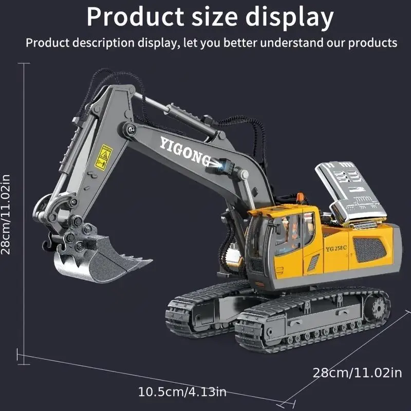 Remote Control Excavator Toy with 11-Channel Alloy Metal Construction, 2.4GHz Wireless, USB Rechargeable 18650 Lithium Battery, Weather-Resistant, Operating Voltage ≤36V, for Kids 14+ Years 2