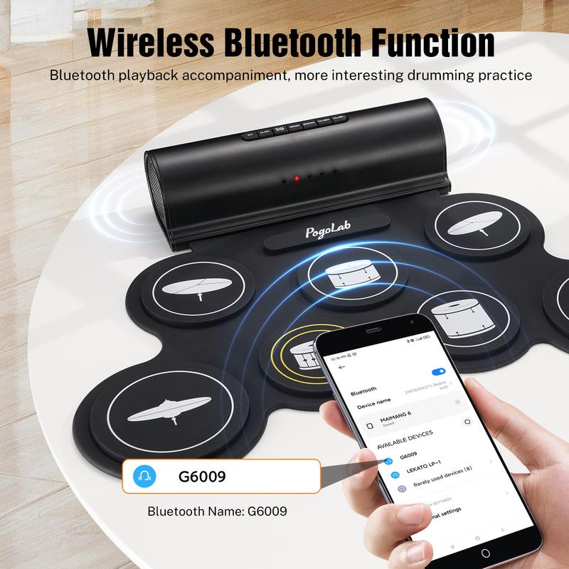 POGOLAB Roll up Drum Mat, 7 Pads Electric Drum Kit, Portable Digital Drum Practice Pad with Dual Stereo Speakers/Drumsticks/Earphone Slot, 10 Hour runtime, Christmas Birthday Gift for Kid Beginner 2