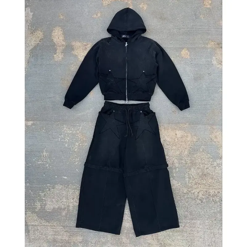 Removable Sports Pants Two Piece Set Y2k Hip Hop New Patch Embroidery Hoodie Women Clothing Sweatshirts Drawstring Casual Pants 1
