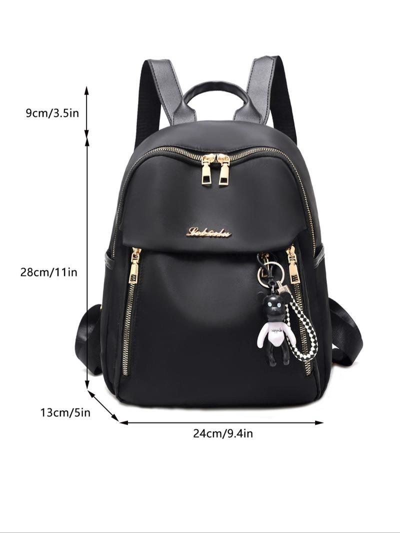 Product Introduction of Fashion Letter Metal Label Tag Decorated Nylon Backpack With Bear Shaped Charm, Casual Large Capacity Zipper Backpack For Women, Women's Classic Backpack 5