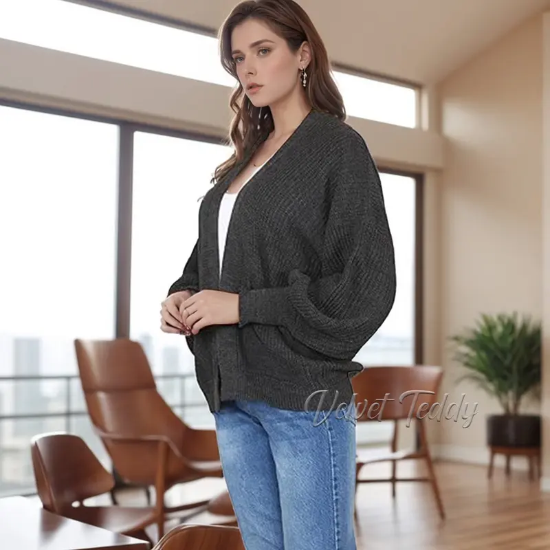 Elegance Long Balloon Sleeve Cardigan Pocket Knitted Open Cropped Cardigan Ladies Oversized Cardigan Plus Size 3