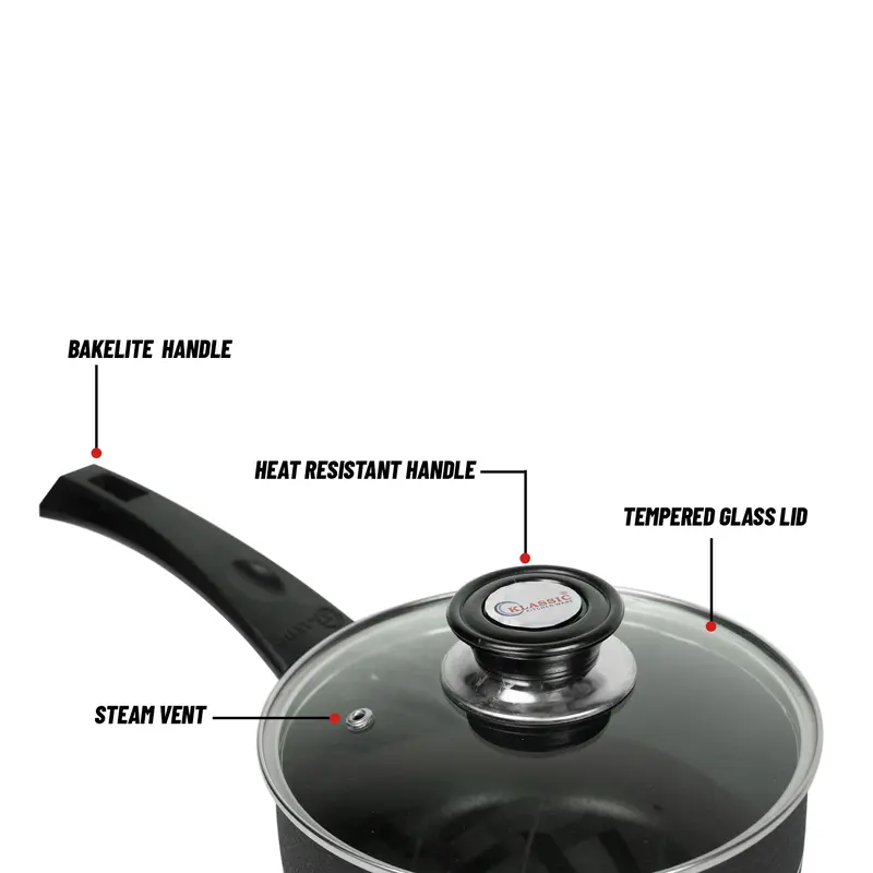 Klassic Nonstick Sauce Pan, Boiling Pot, Milk Pot n pan - Suitable for All Stoves - Durable and Long Lasting Non Stick Coating | Dishwasher Safe | Stay Cool Long bakelite Handle | Induction Compatible | With Glass Lid, ICI UK Non stick coating, 5