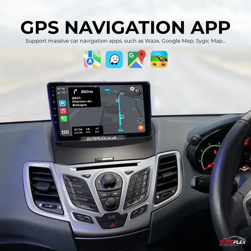 Ford Fiesta 2009-14, Android Car Stereo with Apple CarPlay, Wireless, Radio, GPS, WIFI, BT, NAVI, 9” Full HD Screen, 2GB-32GB Storage, Cooling fan 7