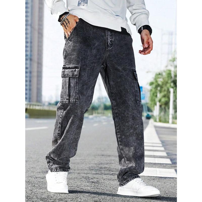 Manfinity RivetRise Men Flap Pocket Side Cargo Jeans, Plain Long Straight Leg Cargo Dark Grey Washed Cargo Jeans, For Husband, Boyfriend Gifts Menswear Viscose 6