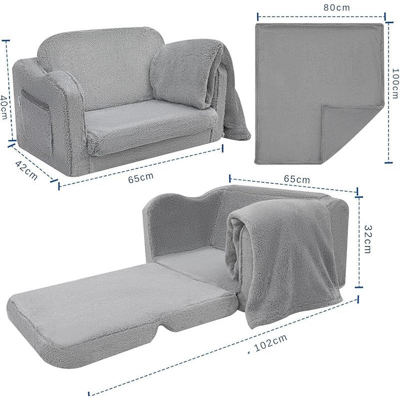 Sofa Couch, Fold Out Toddler Chair Bed, Lounger Chair to Convertible Mini Sofa for Boys Girls, Comfy Foam Child Chair Pull Out Couch for Playroom, Grey 1