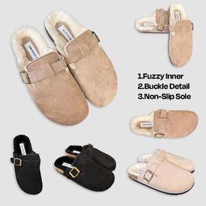 KatchMe Women's Trendy Fluffy Solid Color Buckle Low Heel Slipper,Versatile Fall & Winter Slip-On,Non-Slip Fuzzy Lined Warm Suede Mules for Lady
