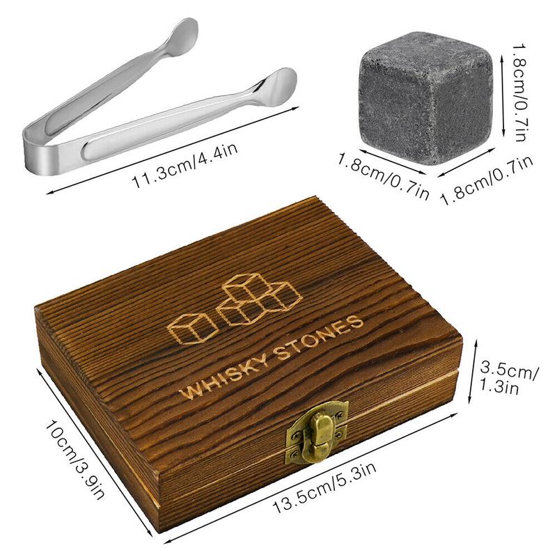 Whiskey Stones Gift Set 9 Piece Luxury Wooden Box Chilling Rocks Ice Cubes Serve Drink Reusable Utensils 4