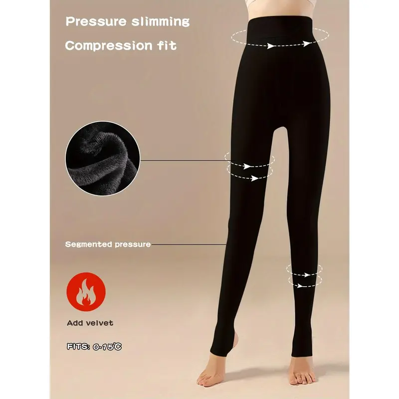 Women's High-Waisted Fleece-Lined Leggings - Black, Pressure Slimming Compression Fit, Warm & Shaping Tights for Fall/Winter, Velvet Soft Polyester Fabric, Elegant Style, Long Length, Perfect for Casual Outings, High Waisted Leggings 1
