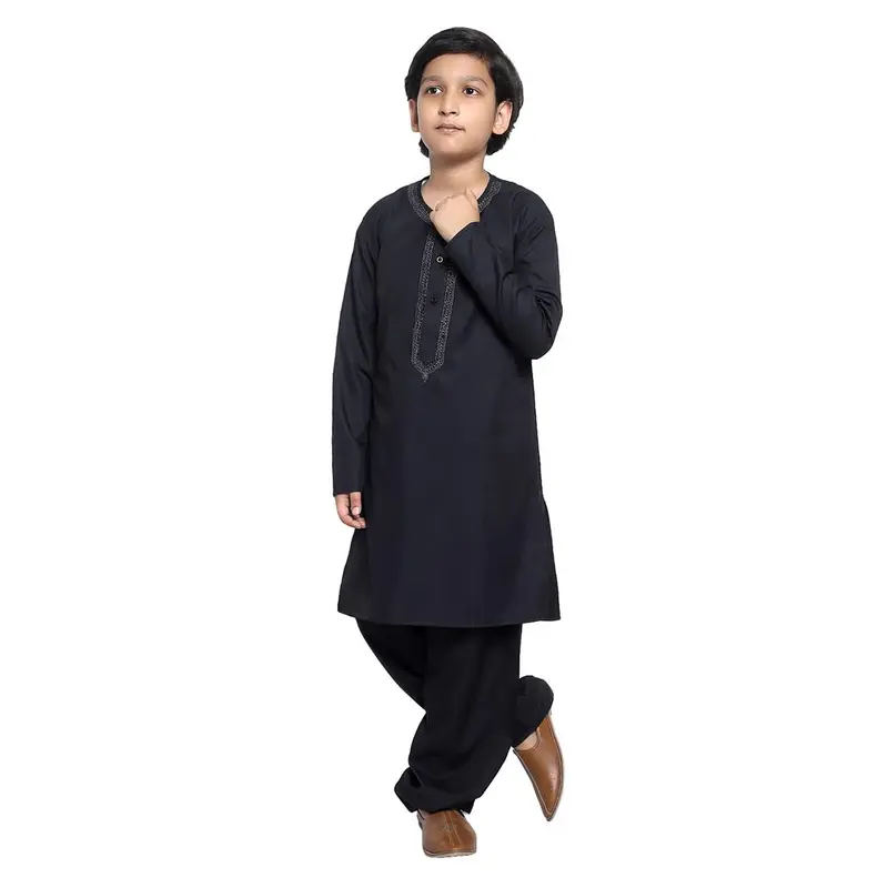 KIN-KG607-B - Boys Plain Kurta with Embroidery embellishment around neck and buttons area, comes with Shalwar. Ple 4