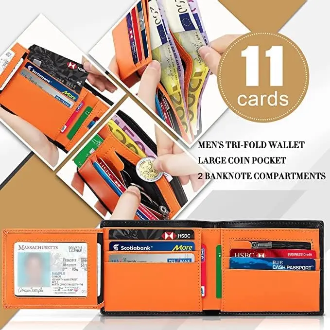 Wallets Slim Genuine Leather RFID Blocking Wallet with 11 Card Holder, 2 banknote compartments, Coin Pocket, Minimalist Wallets for Men UK with Gift Box - Black and Orange 1