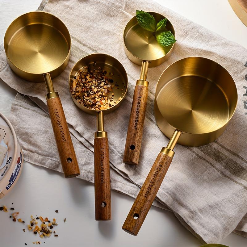 4pcs/set Measuring Spoon Set, Wooden Handle Measuring Spoon Set, Stainless Steel Measuring Cups And Spoons, Coffee Scale Spoon, Kitchen Accessories, Baking Tools, Kichen Stuff 1