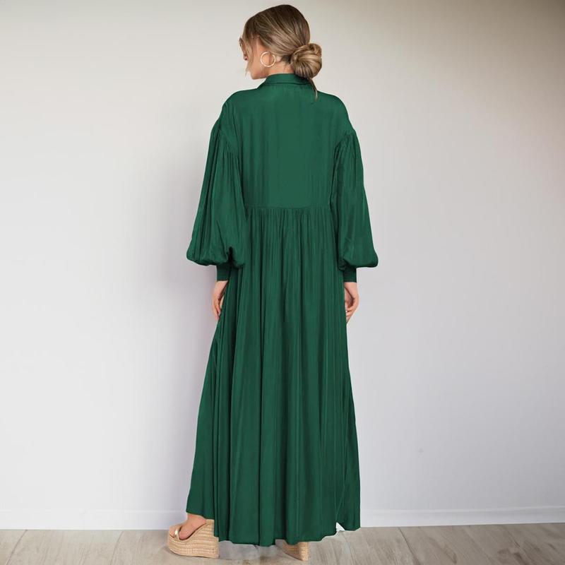 Women's Trendy Plain Lapel Balloon Sleeve Button Up Pleated Maxi Dress,Spring & Summer Dresses for Women,Solid Color Maxi Dresses for Women,Lady Loose Dress for Daily Holiday Wear,Birthday Outfits for Women,Comfortable Womenswear 1