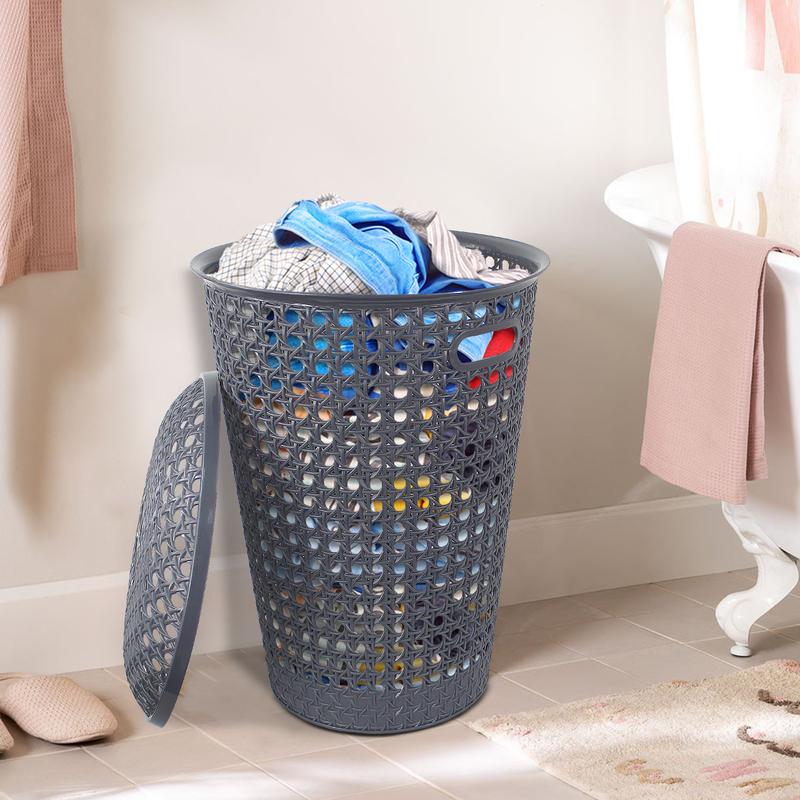 Small Plastic Laundry Basket with Lid and Handles, 48 Litre Basket storage Hamper in Grey, Taupe or White,, 39cm x 26cm x 52cm Organiser Rattan 5