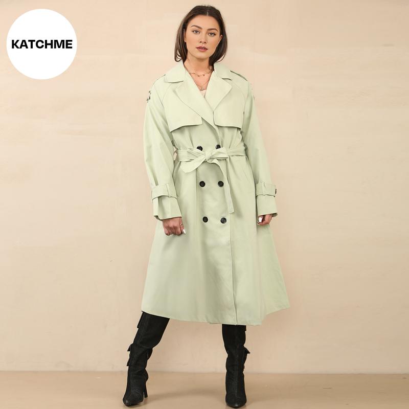 KatchMe Women's Oversized Premium Waist Tie Double Breasted Trench Coat (UK 8-22),High-End Outerwear Jacket,Plain Minimalist Side Pocket Lady's Outfits 1